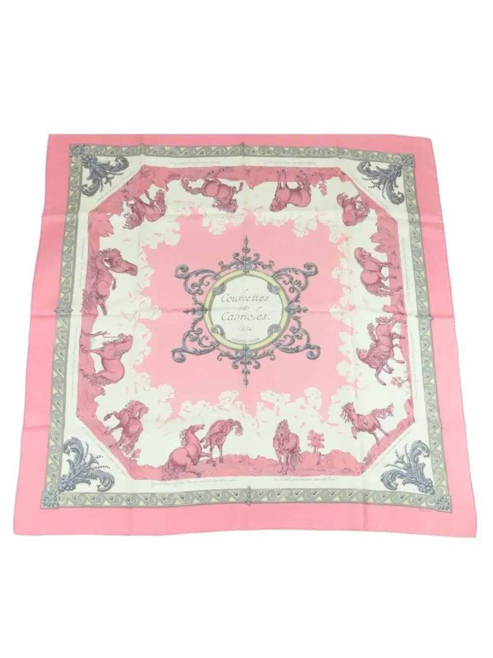 Hermes Carre 90 Courbettes et Cabrioles Silk Scarf Pink White Multicolor